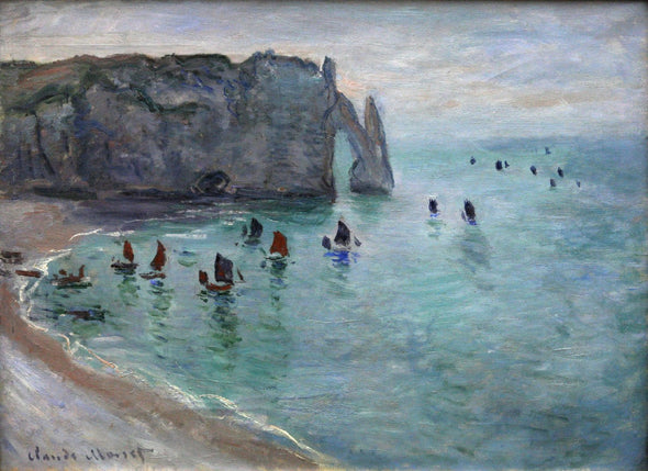 Monet - Etretat the Aval door fishing boats leaving the harbour