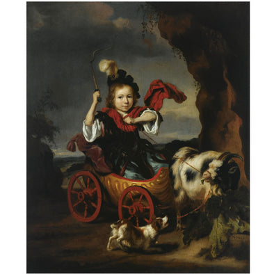 Nicolaes Maes - A Young Boy in Classical Dress in a Goat, Drawn Chariot, Together with a Dog in a Landscape